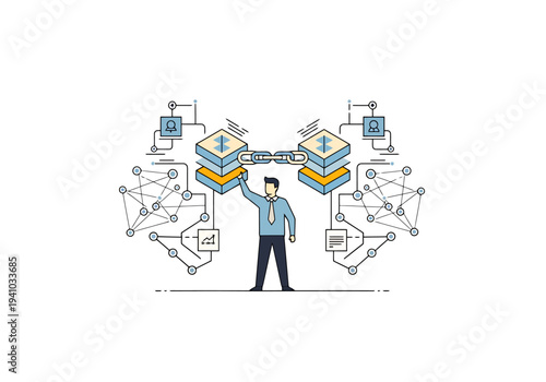 Business professional connecting digital blocks in a decentralized network system illustrating data transfer and information flow on a white