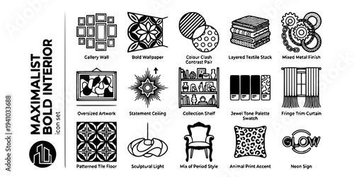 Maximalist Bold Interior Bold Line Icons-Gallery Wall Dense Bold Wallpaper Colour Clash Layered Textile Mixed Metal Oversized Artwork Statement Ceiling-15 Maximalist Interior Icon Set Vector - Bold De