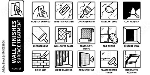 Wall Finishes Surface Treatment Bold Line Icons-Plaster Skimmed Venetian Plaster Polished Limewash Paint Tadelakt Clay Plaster Microcement Wallpaper Paste-15 Wall Finishes Icon Set Vector - Surface Tr