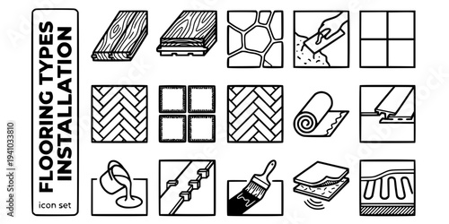 Flooring Types Installation Bold Line Icons-Solid Hardwood Plank Engineered Oak Stone Flagging Polished Concrete Ceramic Tile LVT Vinyl Herringbone Parquet-15 Flooring Icon Set Vector - Installation I