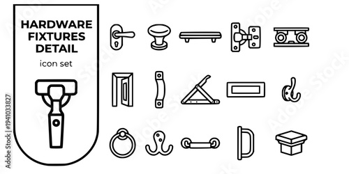 Hardware Fixtures Detail Bold Line Icons-Door Handle Lever Cabinet Knob Drawer Pull Bar Hinge Concealed Sliding Door Track Pocket Door Barn Door Handle-15 Hardware Icons Set Vector - Fixtures Detail I