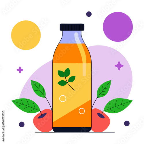 Bottle of orange juice with green leaves vector illustration