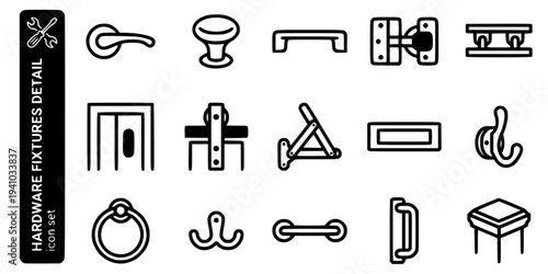 Hardware Fixtures Detail Bold Line Icons-Door Handle Lever Cabinet Knob Drawer Pull Bar Hinge Concealed Sliding Door Track Pocket Door Barn Door Handle-15 Hardware Icons Set Vector - Fixtures Detail I