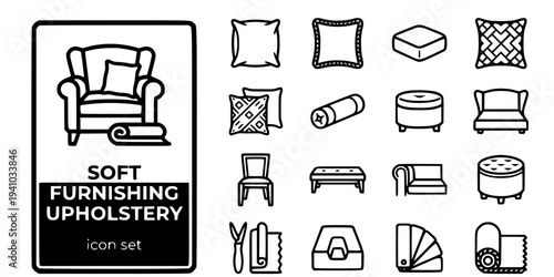 Soft Furnishing Upholstery Bold Line Icons-Loose Cushion Knife-Edge Piped Cushion Box Cushion Scatter Cushion Bolster Cylinder Ottoman Headboard Winged-15 Upholstery Icon Set Vector - Soft Furnishing 