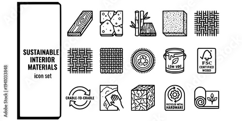 Sustainable Interior Materials Bold Line Icons-Reclaimed Timber Recycled Glass Bamboo Flooring Cork Tile Linen Natural Fiber Hemp Textile Wool Loop Carpet-15 Sustainable Materials Icon Set Vector - In