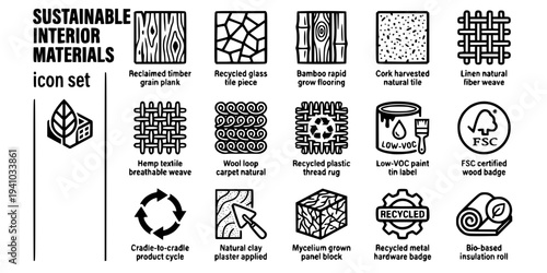 Sustainable Interior Materials Bold Line Icons-Reclaimed Timber Recycled Glass Bamboo Flooring Cork Tile Linen Natural Fiber Hemp Textile Wool Loop Carpet-15 Sustainable Materials Icon Set Vector - In