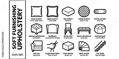 Soft Furnishing Upholstery Bold Line Icons-Loose Cushion Knife-Edge Piped Cushion Box Cushion Scatter Cushion Bolster Cylinder Ottoman Headboard Winged-15 Upholstery Icon Set Vector - Soft Furnishing 