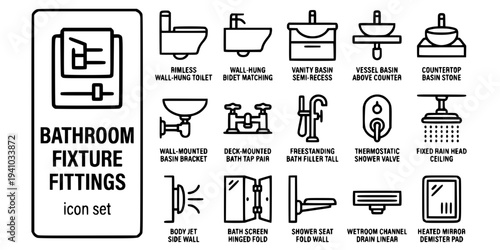 Bathroom Fixture Fittings Bold Line Icons-Rimless Wall-Hung Toilet Wall-Hung Bidet Vanity Basin Vessel Basin Countertop Basin Wall-Mounted Basin Bath Tap-15 Bathroom Fixtures Icon Set Vector - Fitting