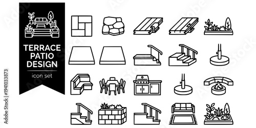 Terrace Patio Design Bold Line Icons-Porcelain Paving Large Format Natural Limestone Composite Decking Concrete Pad Resin Bound Raised Terrace Built-In Bench-15 Terrace Design Icon Set Vector - Patio 