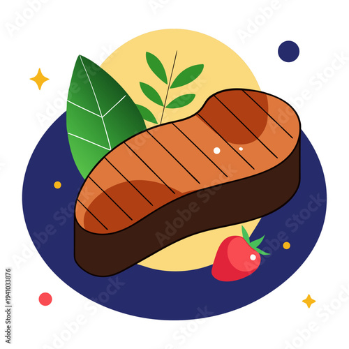 Grilled steak with garnish and vegetables vector illustration