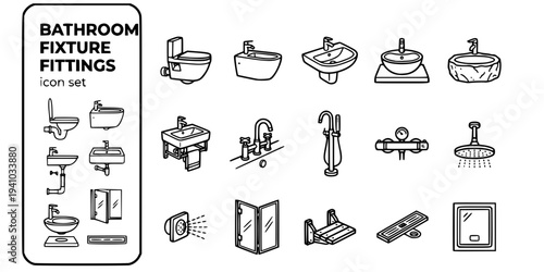 Bathroom Fixture Fittings Bold Line Icons-Rimless Wall-Hung Toilet Wall-Hung Bidet Vanity Basin Vessel Basin Countertop Basin Wall-Mounted Basin Bath Tap-15 Bathroom Fixtures Icon Set Vector - Fitting