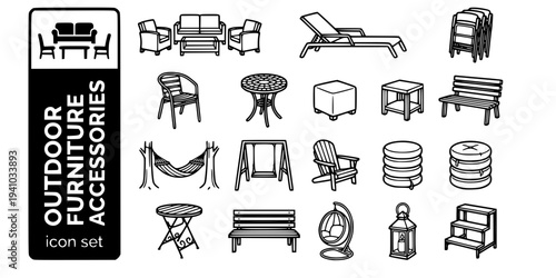 Outdoor Furniture Accessories Bold Line Icons-Garden Sofa Rattan Lounge Sunbed Garden Chair Folding Outdoor Dining Chair Side Table Hammock Rope Swing Seat-15 Outdoor Furniture Icon Set Vector - Acces