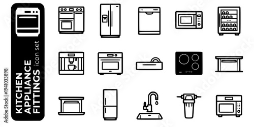 Kitchen Appliance Fittings Bold Line Icons-Range Cooker Double Oven American Fridge-Freezer Integrated Dishwasher Microwave Drawer Wine Cooler Warming Drawer-15 Kitchen Appliances Icon Set Vector - Fi