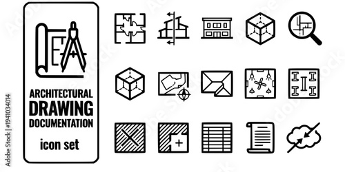 Architectural Drawing Documentation Bold Line Icons-Floor Plan Overhead Section Cut Elevation Front View Isometric 3D Detail Drawing Site Plan Roof Plan-15 Architectural Drawing Icon Set Vector - Docu