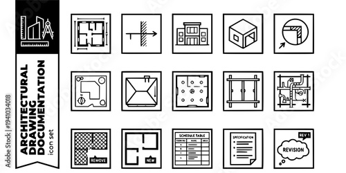Architectural Drawing Documentation Bold Line Icons-Floor Plan Overhead Section Cut Elevation Front View Isometric 3D Detail Drawing Site Plan Roof Plan-15 Architectural Drawing Icon Set Vector - Docu