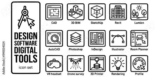 Design Software Digital Tools Bold Line Icons-CAD Software Plan BIM Model 3D SketchUp Geometry Revit Building Lumion Render AutoCAD Photoshop InDesign-15 Design Software Icon Set Vector - Digital Tool