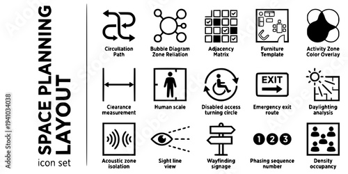 Space Planning Layout Bold Line Icons-Circulation Path Arrow Bubble Diagram Adjacency Matrix Furniture Template Activity Zone Clearance Measurement Human Scale-15 Space Planning Icon Set Vector - Layo