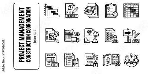 Project Management Construction Coordination Bold Line Icons-Project Programme Gantt RFI Request Information Submittal Approval Daily Site Report Subcontractor-15 Project Management Icon Set Vector - 