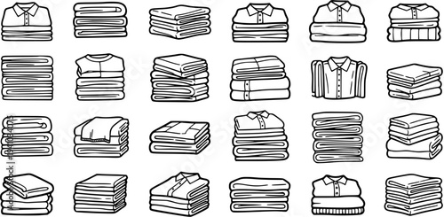 Laundry and Clothing Stacks Line Art Icons Set. Black and White Outline Vector Illustrations of Neatly Folded Garments, Shirts, and Towels for Household Chores and Retail.