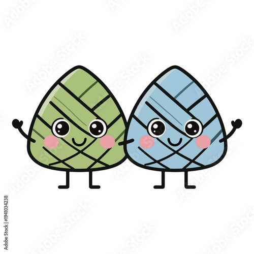 Cute Kawaii Green and Blue Zongzi Dumpling Characters Holding Hands
