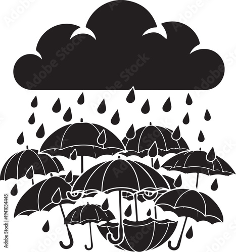 Black and white illustration of umbrellas in rain storm