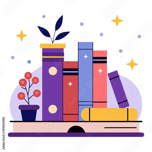 Stack of colorful books and potted plants vector illustration