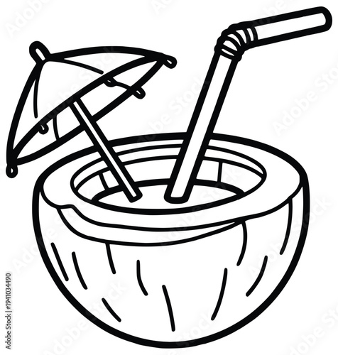 Tropical Coconut Delight: A refreshing coconut drink, complete with a straw and a festive umbrella, is the perfect embodiment of relaxation and escape.