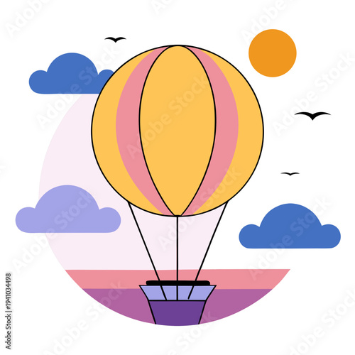 Colorful hot air balloon flying over clouds vector illustration