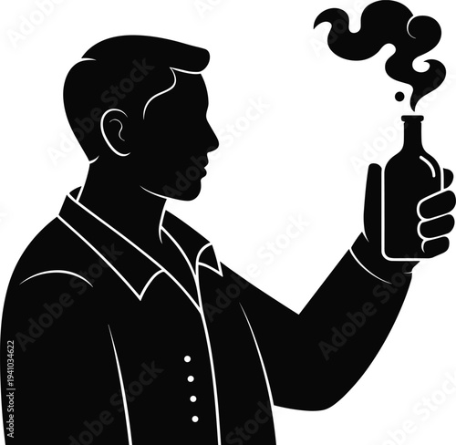 Scientist holding laboratory flask with chemical smoke reaction silhouette, researcher conducting experiment in lab, black science vector illustration isolated on white background