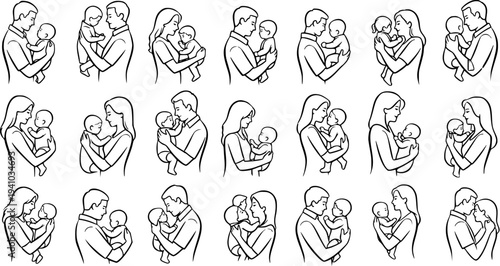 Black and White Line Art Parents Holding Babies - Diverse Illustrations of Family Love, Care, and Parenthood