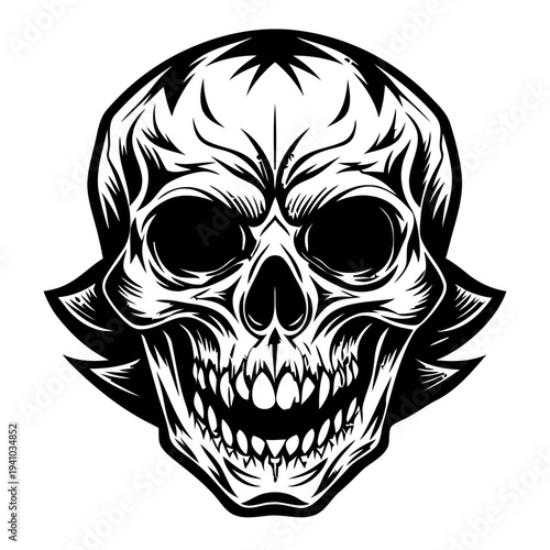 Menacing skull illustration with bold lines and shading, symbolizing danger and fear in a graphic design context from a frontal viewpoint