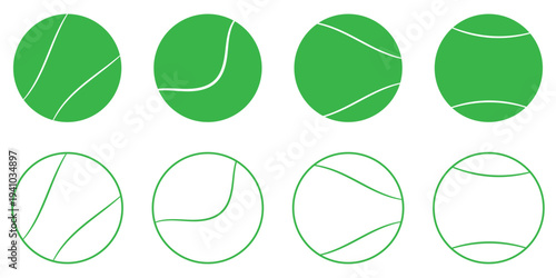  vector illustration set of tennis ball silhouettes featuring various white seam patterns and curved line designs isolated on white background.