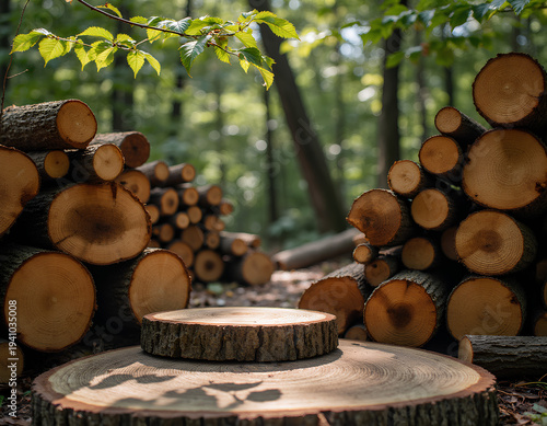 Wooden stump center stage surrounded by stacked logs in forest for product display