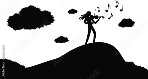 Violinist playing violin on hill silhouette with musical notes and clouds, female musician performing outdoor music scene, black vector illustration isolated background