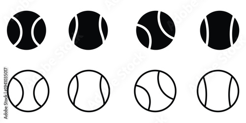  vector illustration set of tennis ball silhouettes featuring various white seam patterns and curved line designs isolated on white background.