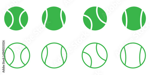  vector illustration set of tennis ball silhouettes featuring various white seam patterns and curved line designs isolated on white background.