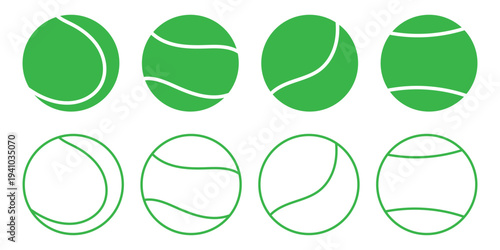 Tennis balls collection. Flat minimal sport elements for tennis branding, stickers, patterns, icons or web design. Vector illustration isolated on white 