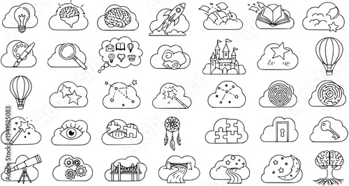 Black and White Line Art Cloud Icons: Brainstorming, Ideas, Imagination, Success, and Dreams