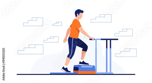 Man doing step aerobics on a stepper, fitness and healthy lifestyle concept