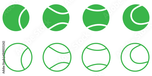 Tennis balls collection. Flat minimal sport elements for tennis branding, stickers, patterns, icons or web design. Vector illustration isolated on white 