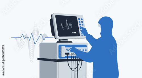 Medical professional in hazmat suit operating advanced medical equipment with vital signs monitor