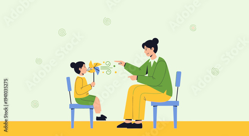 Parent teaching child about wind and nature with a pinwheel outdoors