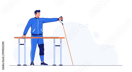 Man with prosthetic leg doing physical therapy with resistance band and parallel bars
