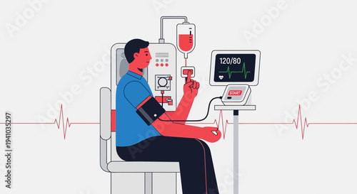 Patient undergoing dialysis treatment with medical equipment and vital signs monitor