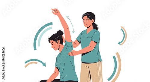 Physical therapist assisting patient with arm stretching exercise for rehabilitation
