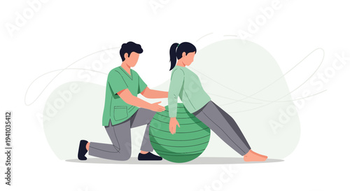 Physical therapist assisting patient with exercise ball for rehabilitation and fitness