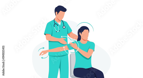Physical therapist assisting patient with arm rehabilitation exercise, shoulder mobility