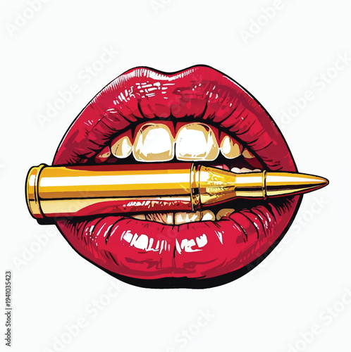 Striking pop art illustration features sensual red lips holding a gleaming golden bullet firmly.