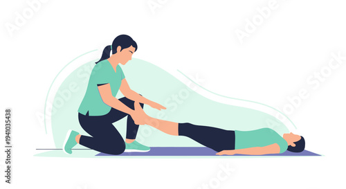 Physical therapist assisting patient with leg exercise on mat, rehabilitation concept