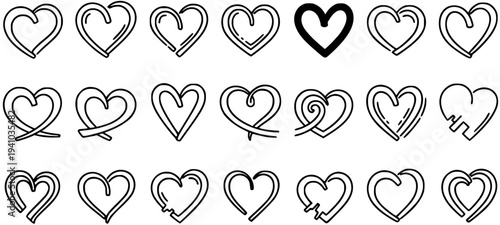 Collection of Hand-drawn Heart Icons in Black and White Line Art Style for Romantic Design